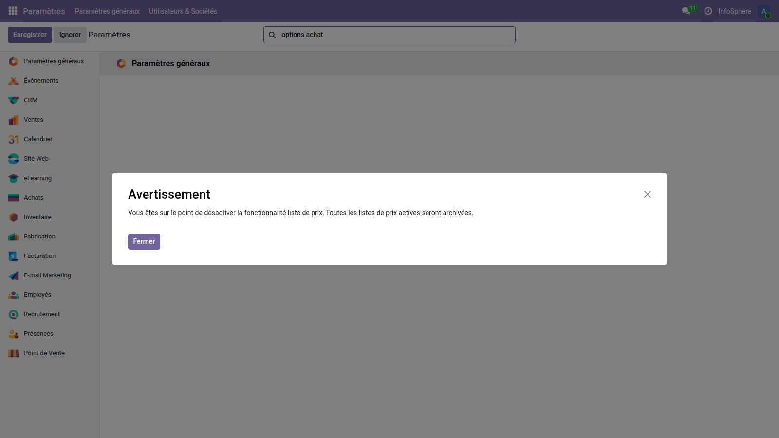 Paramètres Odoo 19 — section Achats avec l'option Gérer les options d'achat cochée.