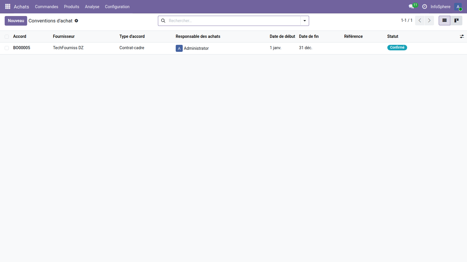 Liste des conventions d'achat InfoSphere avec le bouton Nouveau pour créer un contrat-cadre.