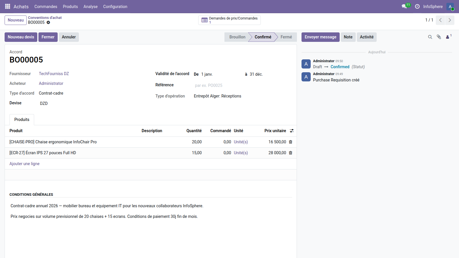 Formulaire Contrat-cadre avec TechFourniss DZ, dates 2026, lignes chaise et écran, état Confirmé.