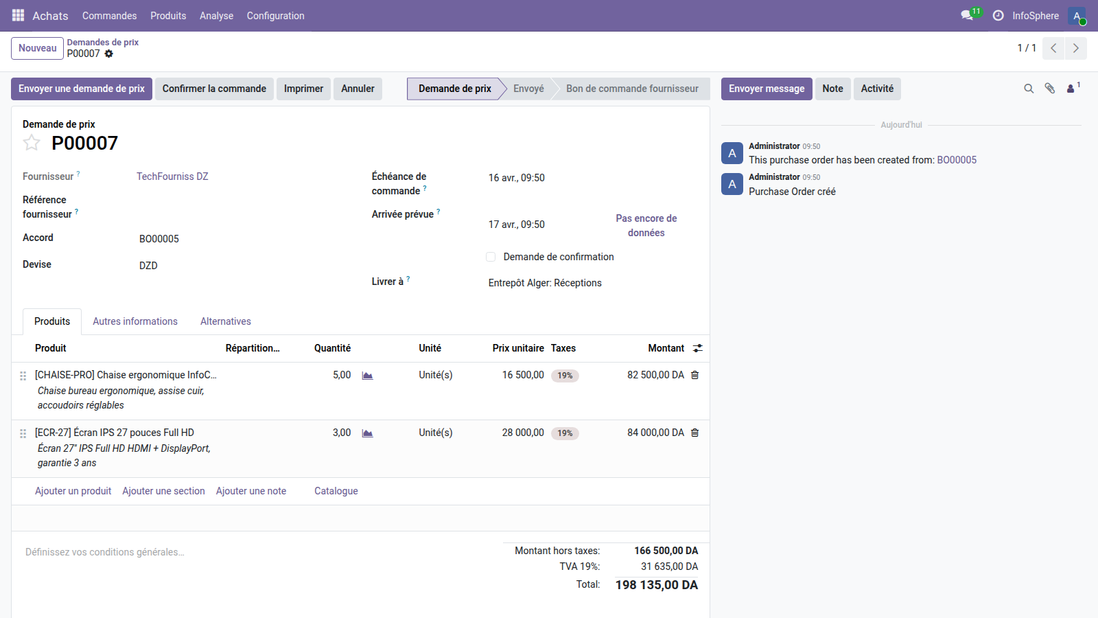 RFQ rattachée au contrat-cadre BO00005, lignes avec prix négocié figé.