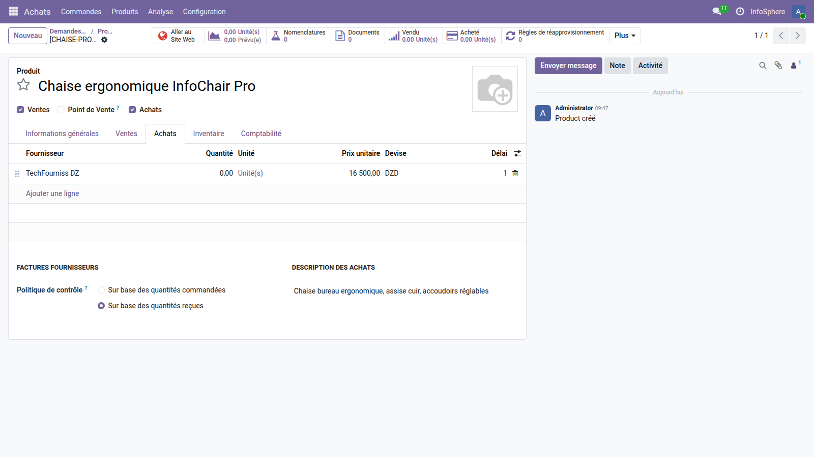 Fiche produit Chaise avec l'onglet Achat montrant TechFourniss à 16 500 DZD lié au contrat-cadre.