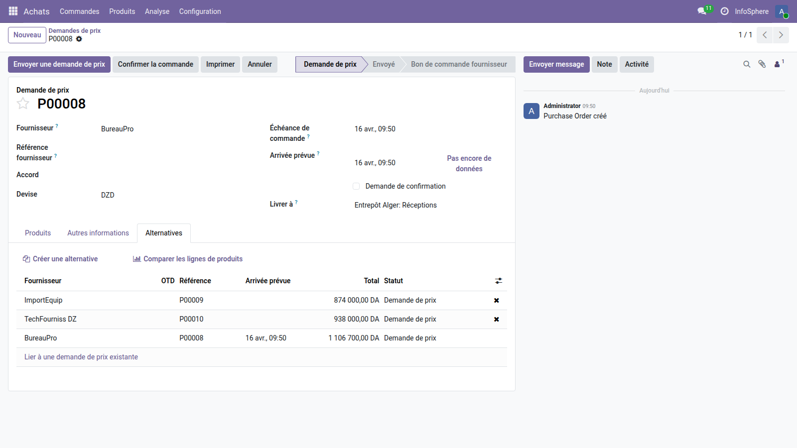 Onglet Alternatives d'une RFQ BureauPro, bouton Créer une alternative visible.
