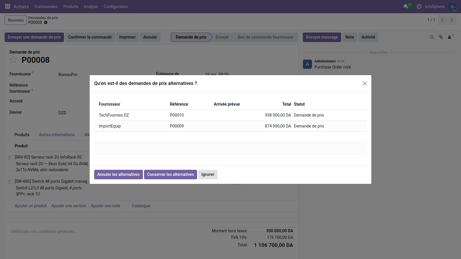 Dialogue What about alternatives — 3 options : Annuler les alternatives / Les conserver / Confirmer.