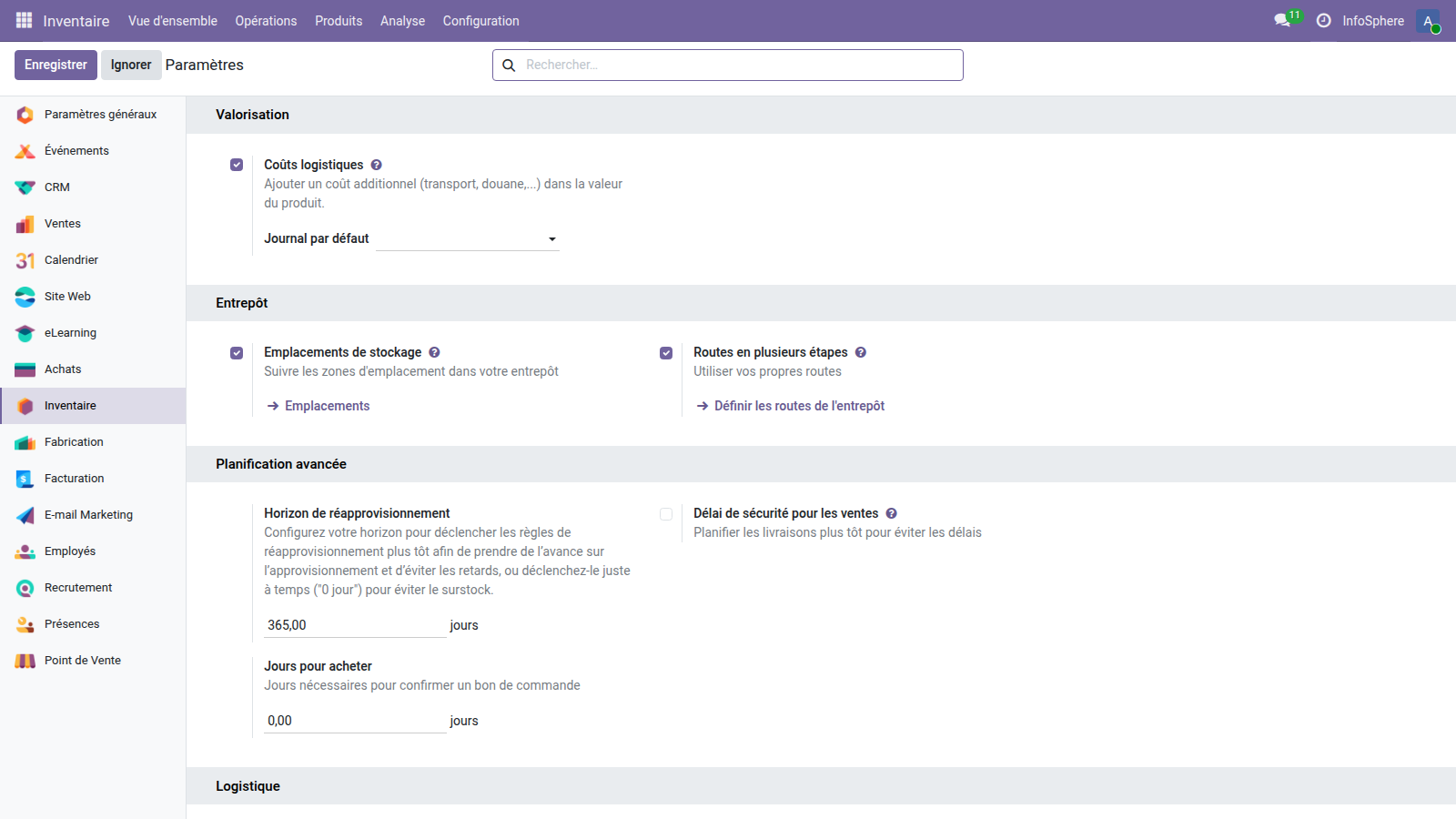 Paramètres Inventaire Odoo 19 — option Coûts logistiques cochée dans la section Valorisation