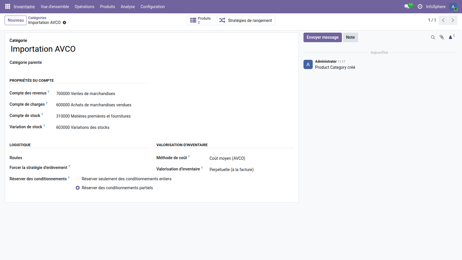 Catégorie produit Importation AVCO Odoo 19 — méthode Coût moyen et valorisation Automatique