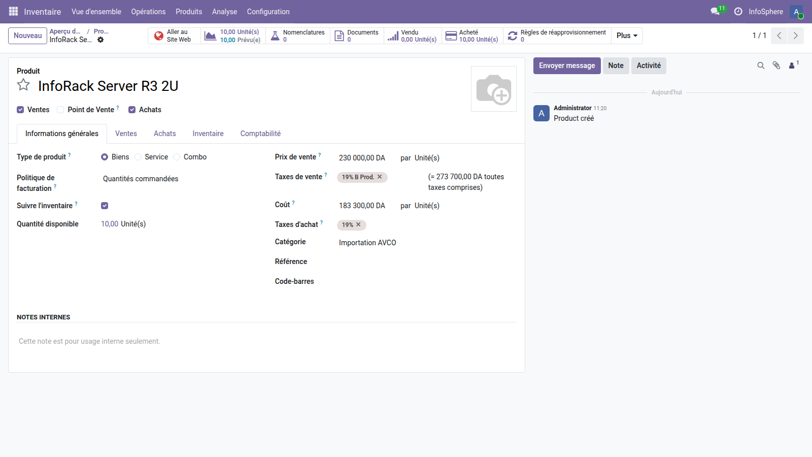 Fiche produit InfoRack Server R3 2U — catégorie Importation AVCO, coût 150 000 DZD, poids 25 kg