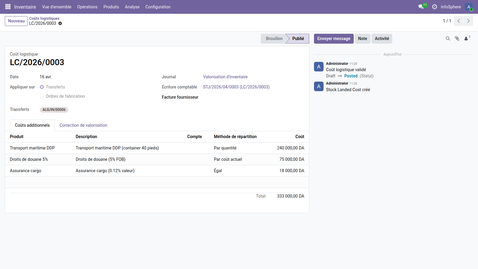 Formulaire Coût logistique LC/2026/0003 — 3 lignes de coûts additionnels avec leurs méthodes de répartition