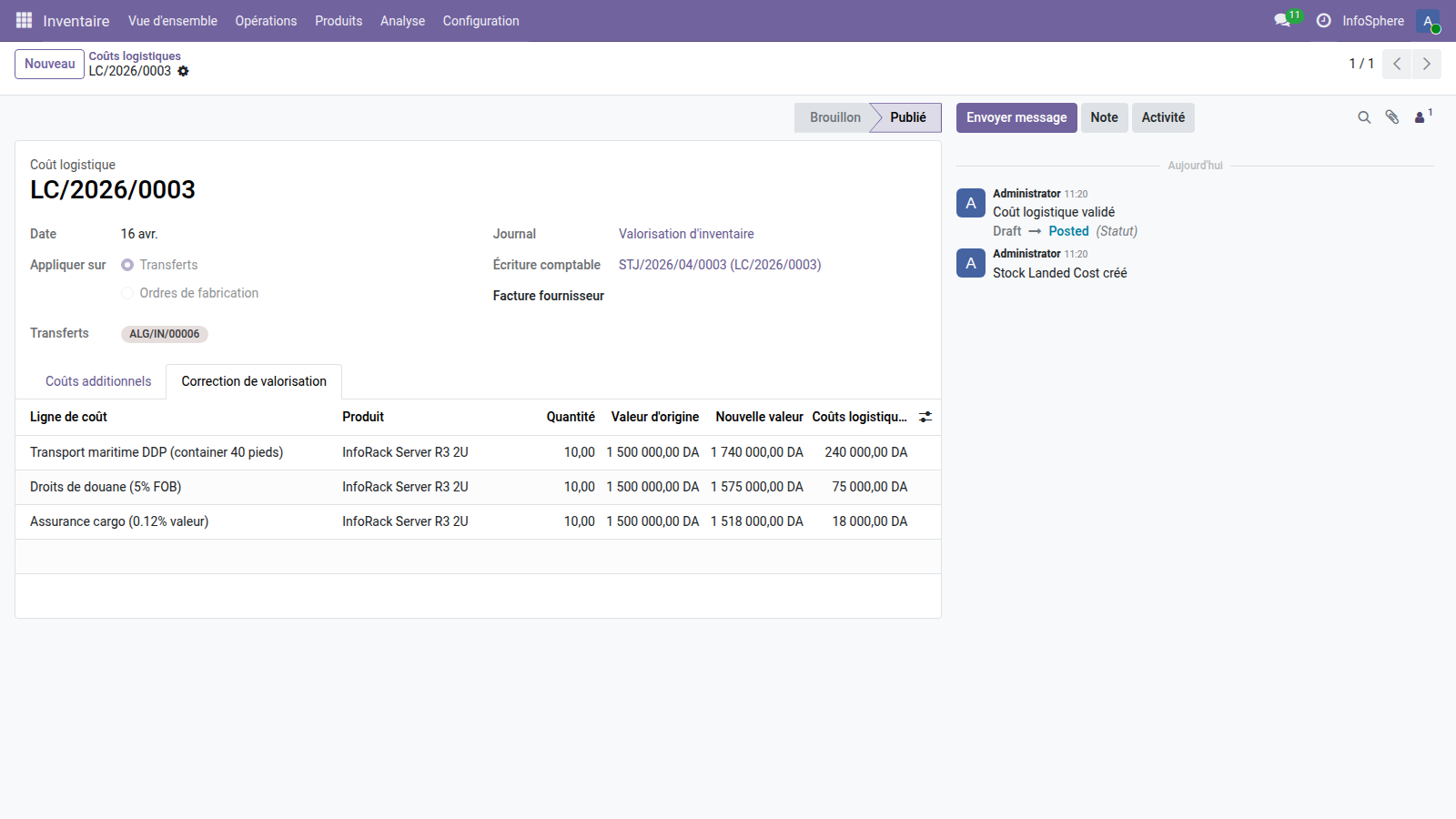 Landed cost LC/2026/0003 validé — lignes avec coûts additionnels et méthodes de répartition