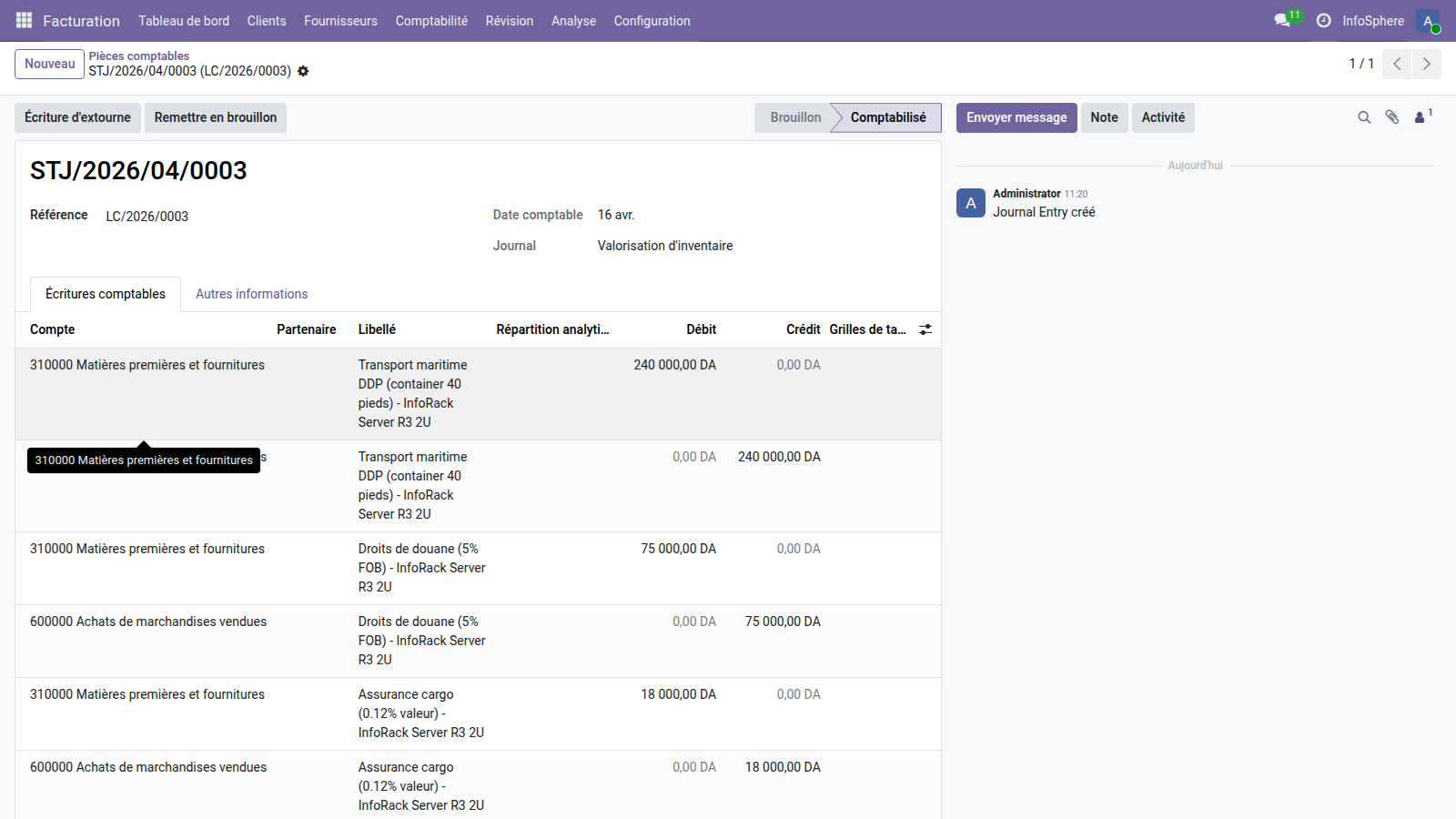 Écriture comptable STJ/2026/04/0003 Odoo 19 — 6 lignes (3 paires Débit/Crédit) totalisant 333 000 DZD
