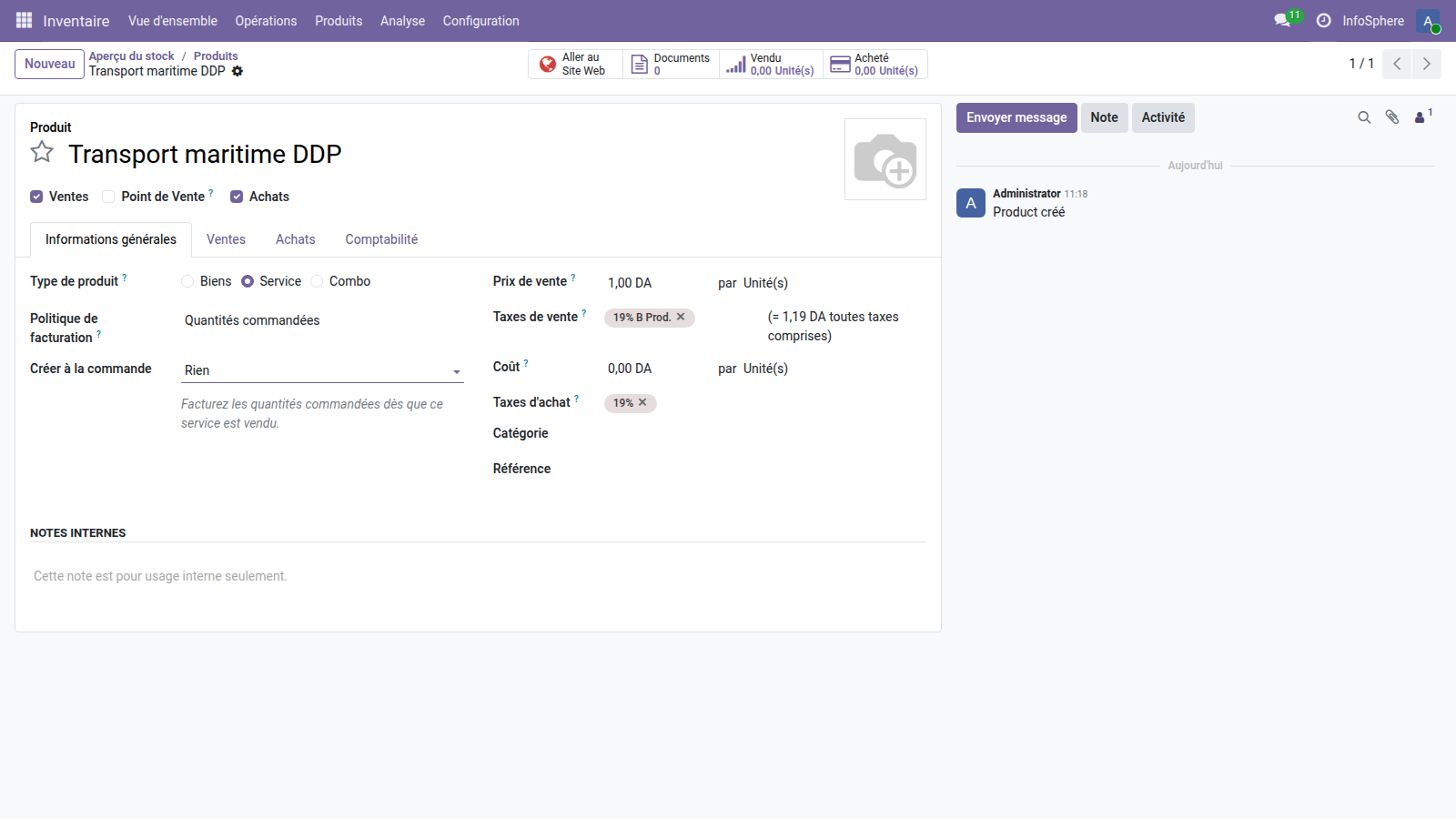 Fiche Service Transport maritime DDP Odoo 19 — option Est un coût logistique cochée, méthode de répartition Par quantité