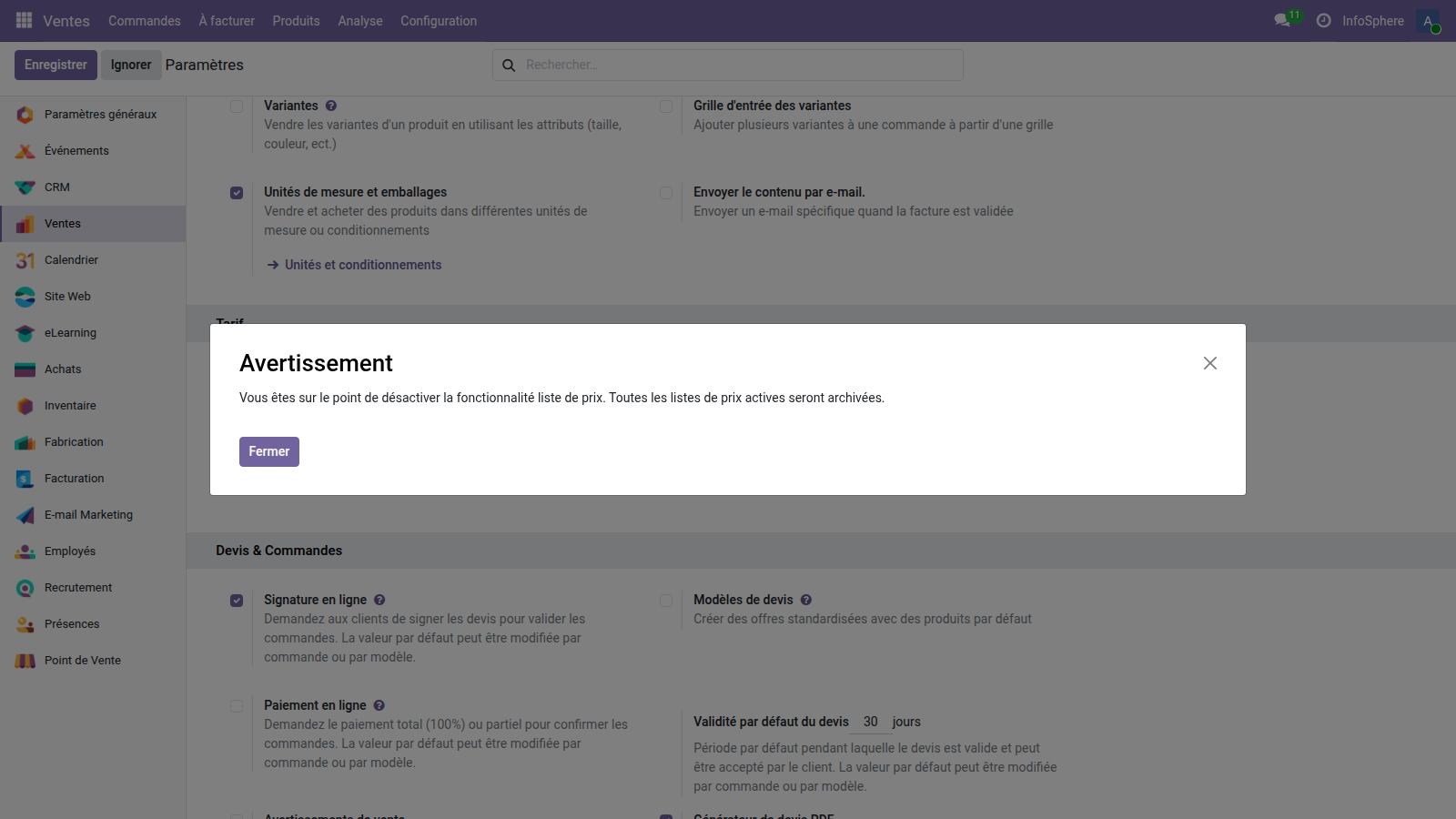 Paramètres Ventes Odoo 19 — option Variantes cochée dans la section Catalogue produits