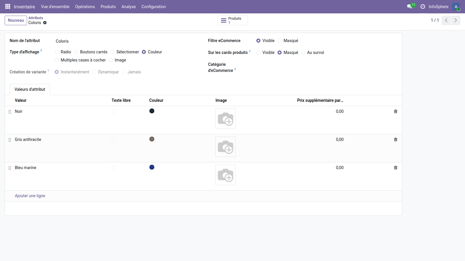 Attribut Coloris Odoo 19 — type Couleur avec pastilles Noir, Gris anthracite et Bleu marine