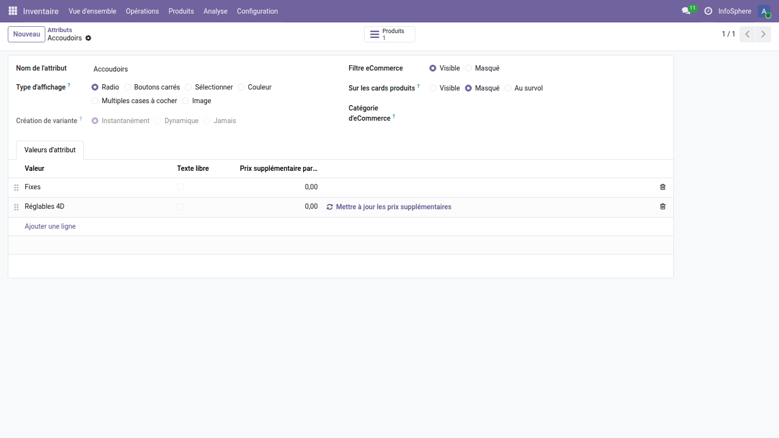 Attribut Accoudoirs Odoo 19 — type d'affichage Radio avec valeurs Fixes et Réglables 4D, création Instantanément