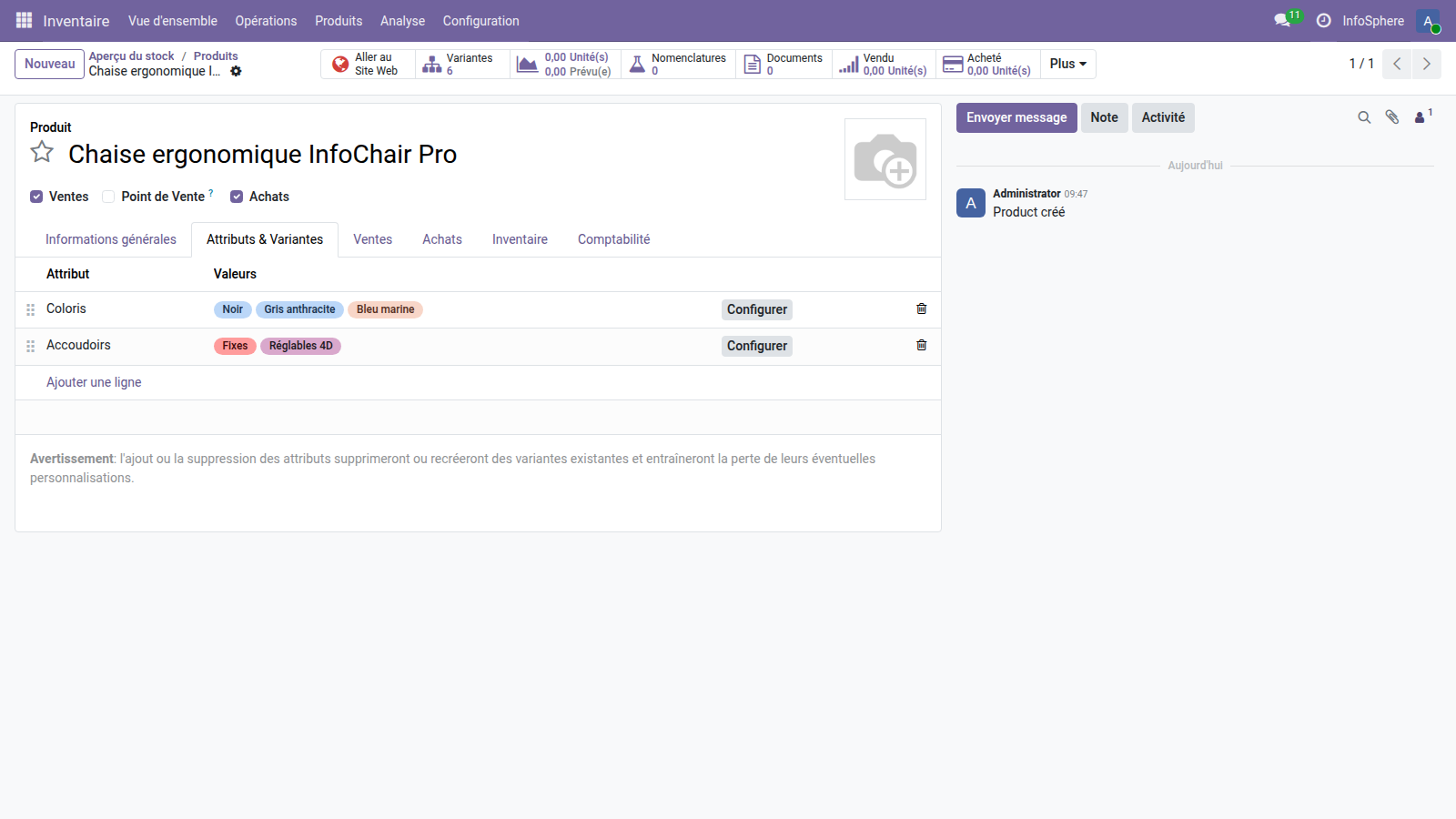Fiche chaise InfoChair Pro Odoo 19 — onglet Attributs avec 2 lignes liant Coloris et Accoudoirs