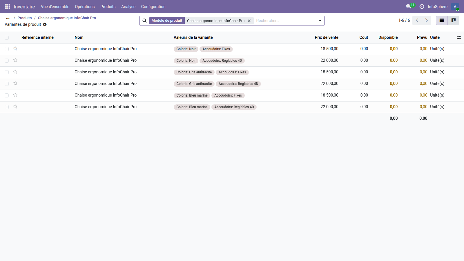 Liste des 6 variantes générées pour la chaise InfoChair Pro — coloris et accoudoirs combinés