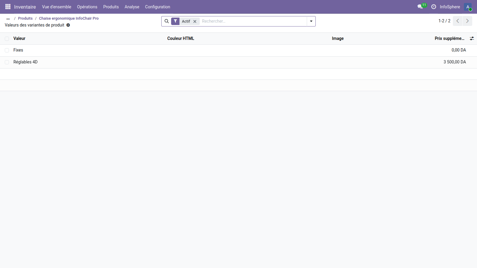 Prix supplémentaire par valeur d'attribut — Fixes 0,00 DA et Réglables 4D 3 500,00 DA sur la chaise