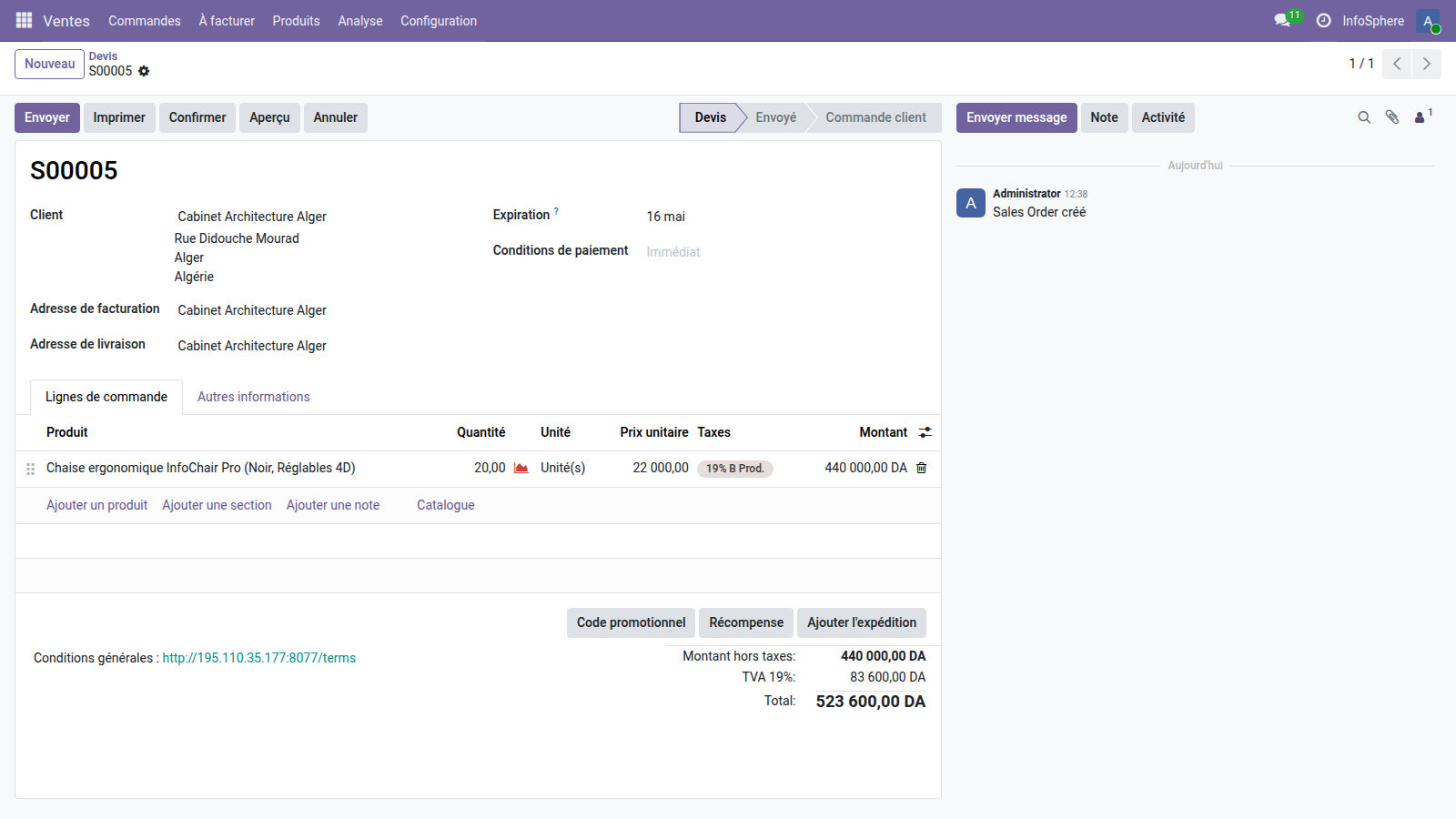 Devis S00005 Cabinet Architecture Alger — ligne avec Chaise InfoChair Pro Noir Réglables 4D à 22 000 DZD