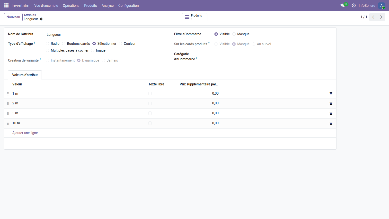 Attribut Longueur du câble Cat6 UTP Odoo 19 — type Sélectionner, création Dynamique