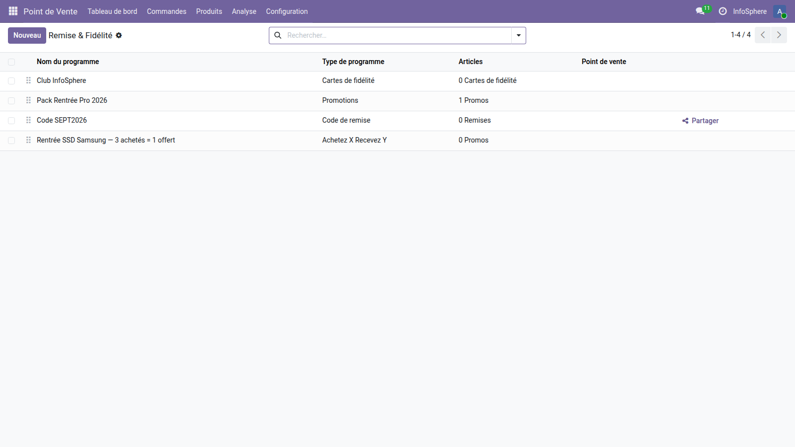 Liste des programmes loyalty.program actifs — Pack Rentrée Pro, Code SEPT2026, Rentrée SSD Samsung 3=4