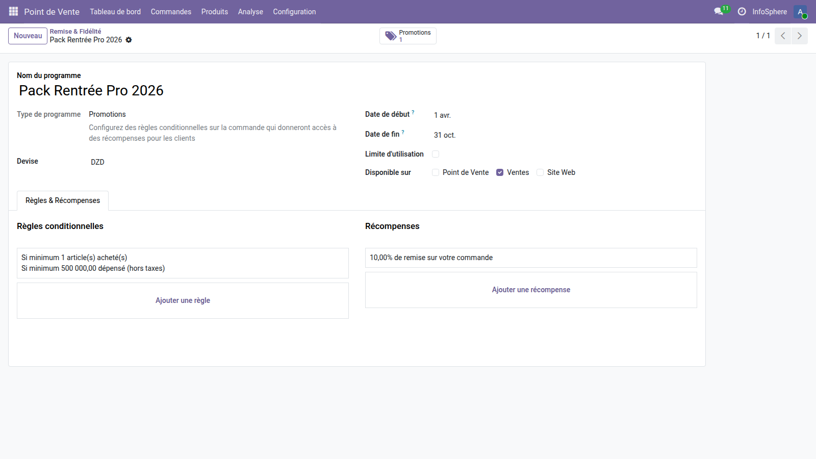 Programme Pack Rentrée Pro 2026 — type Promotions, disponible sur Ventes, règle minimum 500 000 DA, récompense 10 pourcent