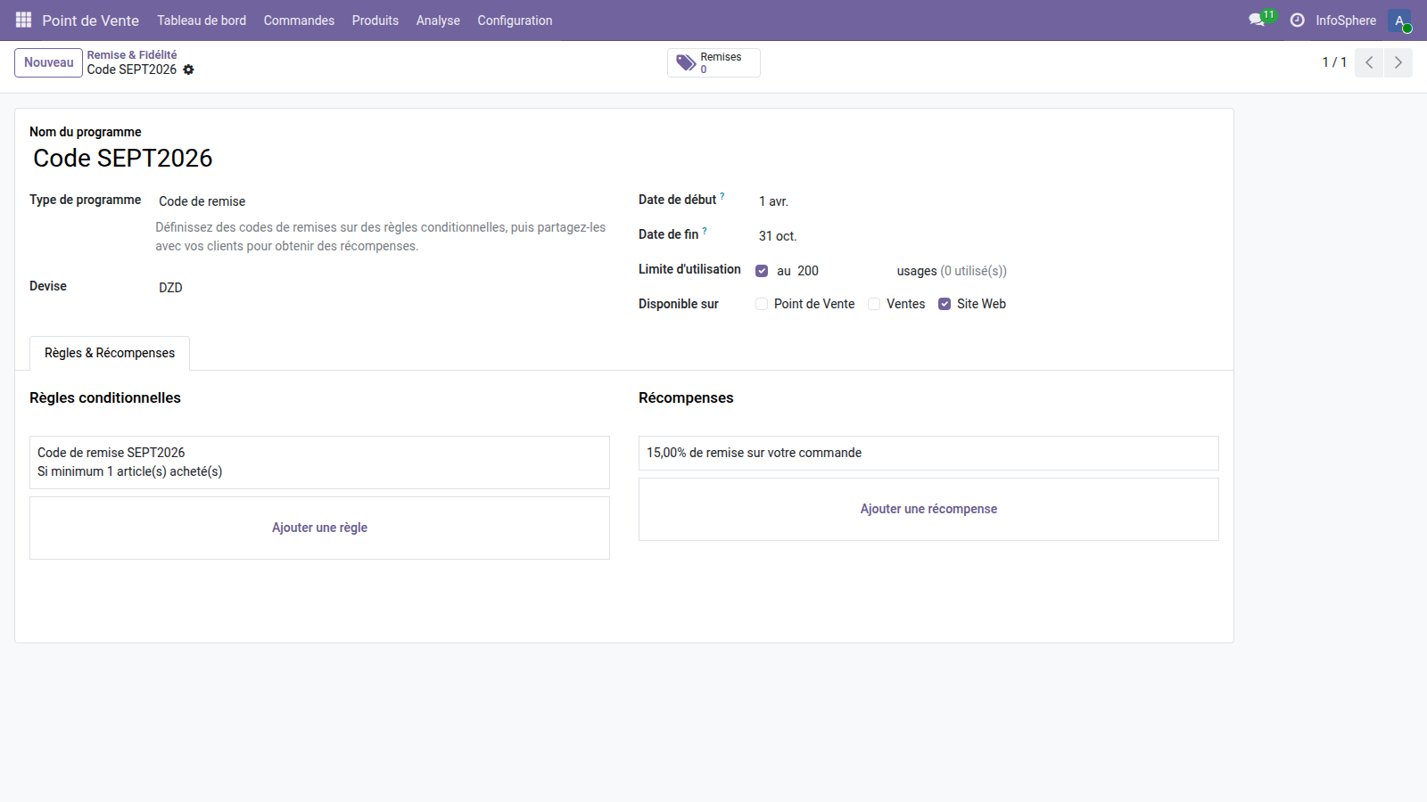 Programme Code SEPT2026 — type Code de remise, disponible sur Site Web uniquement, limite 200 utilisations