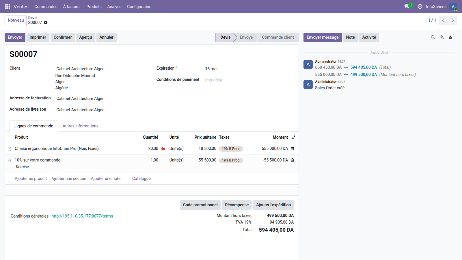 Devis S00007 Cabinet Architecture Alger — 30 chaises à 555 000 DA + ligne remise automatique 10 pourcent pour -55 500 DA
