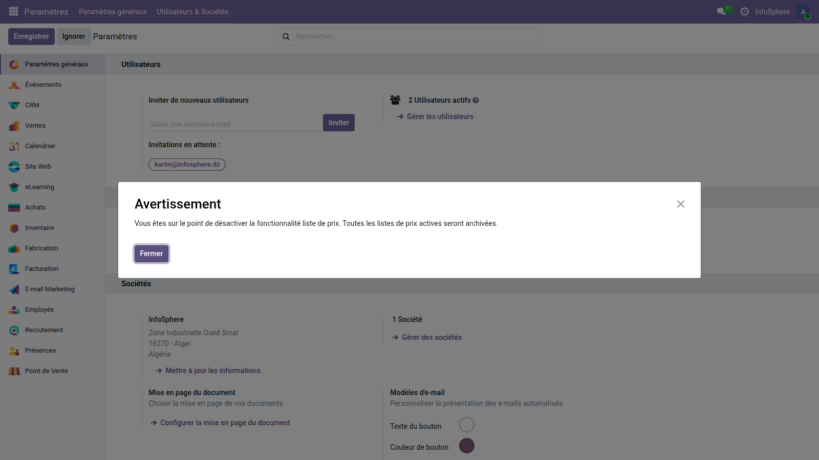 Paramètres Ventes Odoo 19 — section Remises et cartes cadeaux avec option Promotions activée