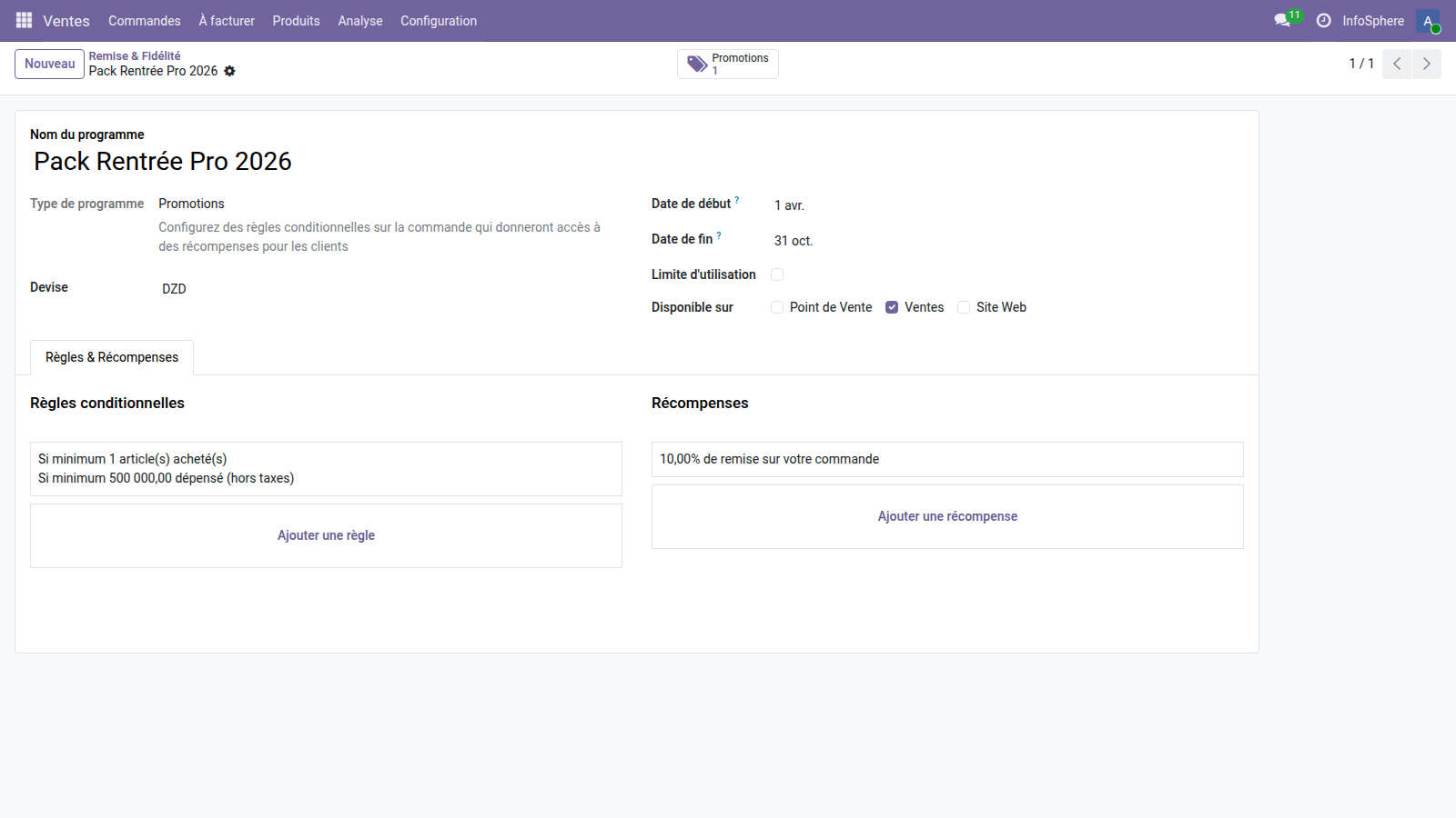 Récompense Pack Rentrée Pro — 10 pourcent de remise sur votre commande, mode pourcentage, applicabilité commande entière