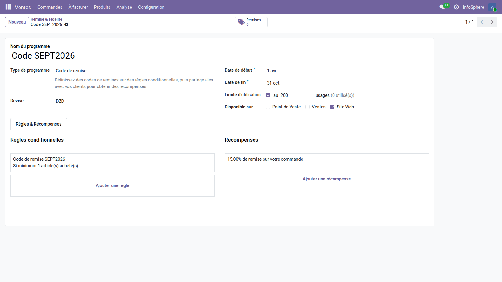 Règle du programme Code SEPT2026 — code SEPT2026 à saisir par le client pour déclencher la remise