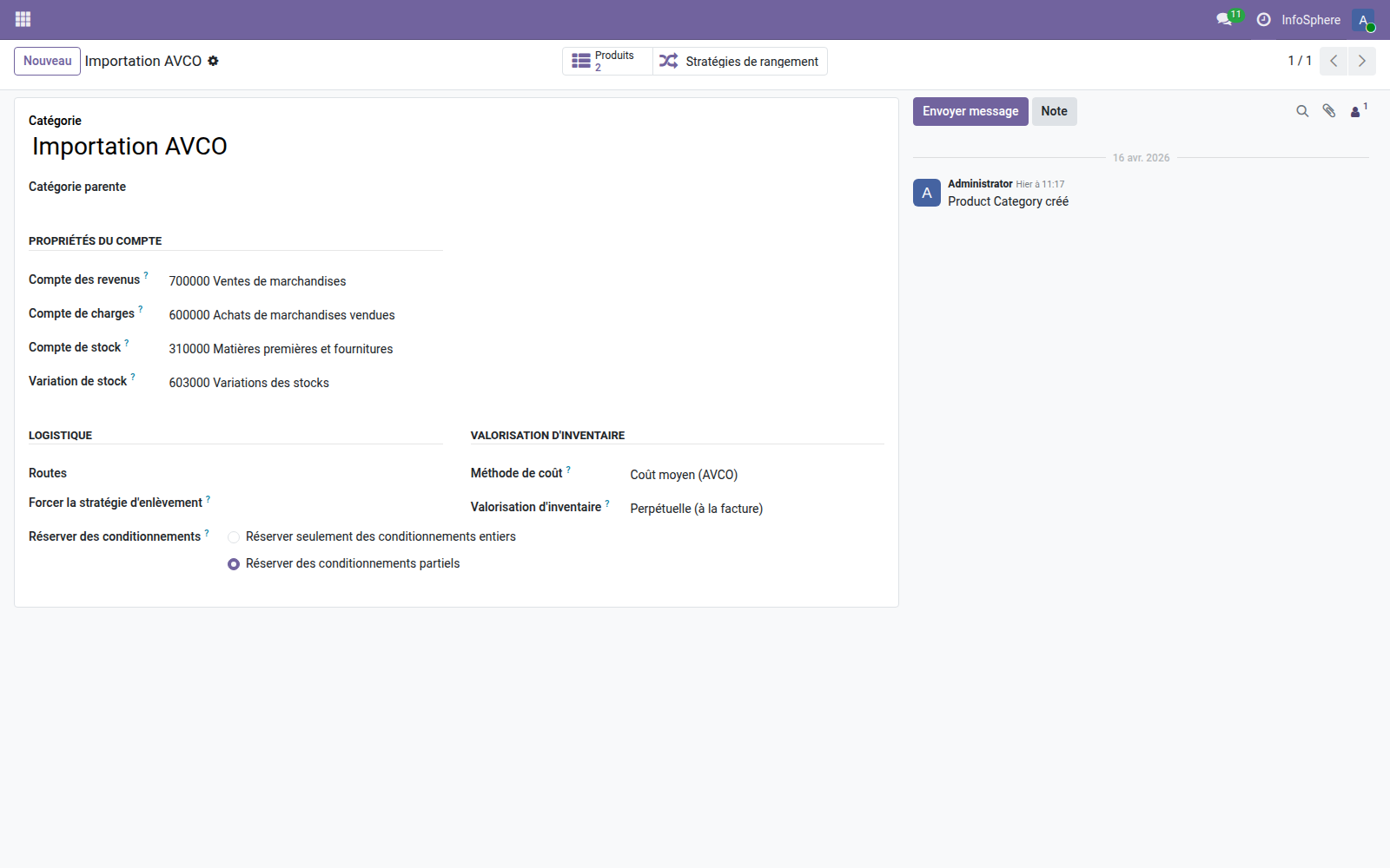 Catégorie Importation AVCO — méthode Coût moyen, valorisation Automatique