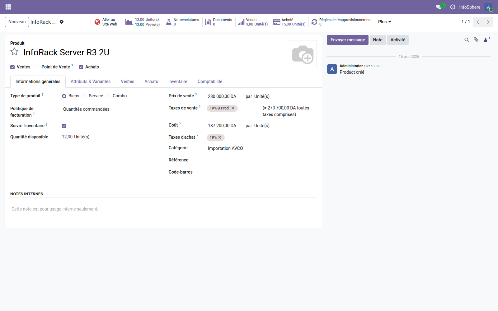 Fiche produit InfoRack R3 2U — coût 187 200 DZD, quantité 15 u après 2e réception