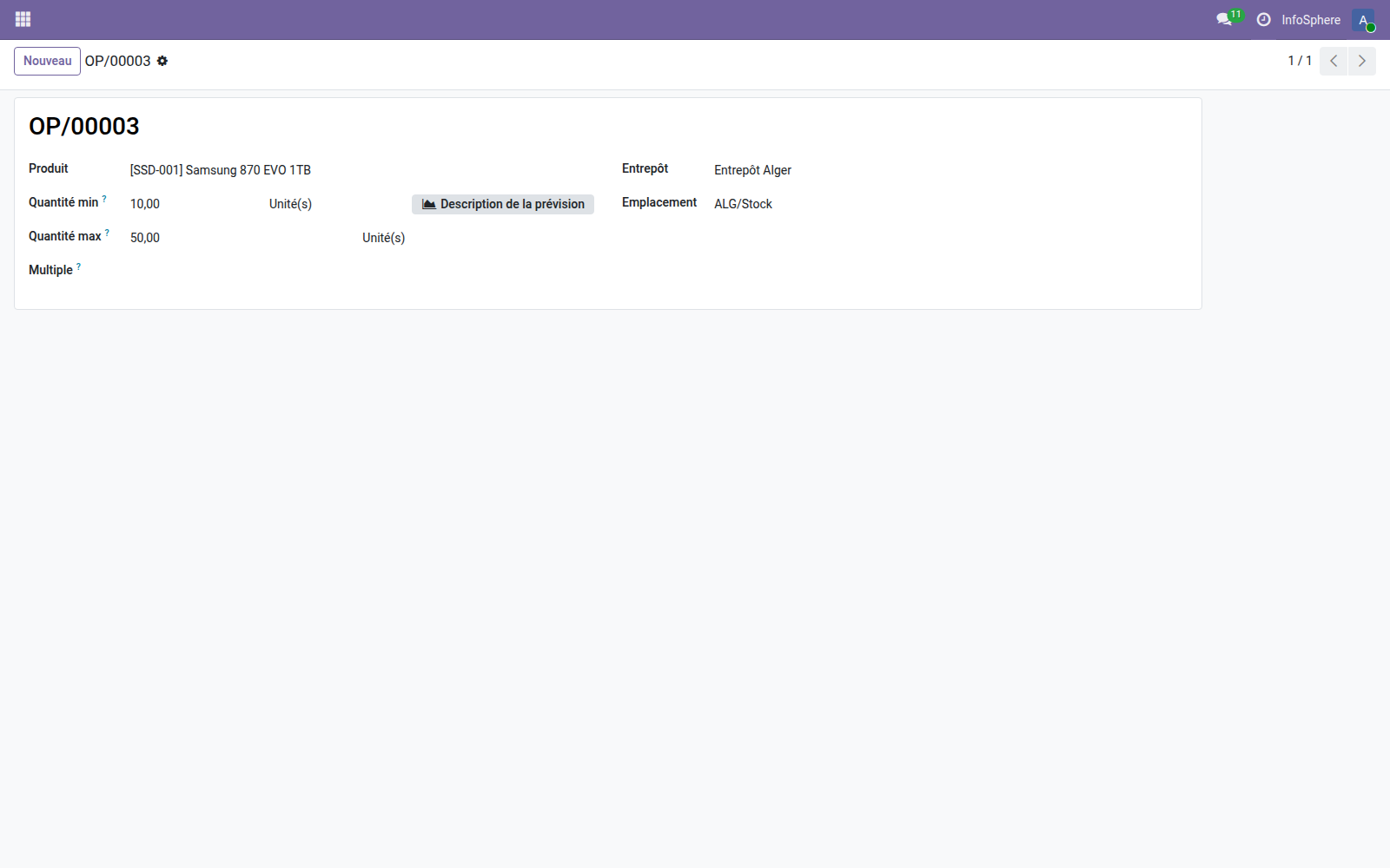 Orderpoint OP/00003 Samsung SSD 1TB Odoo 19 — min 10, max 50, qty_to_order 42, trigger auto