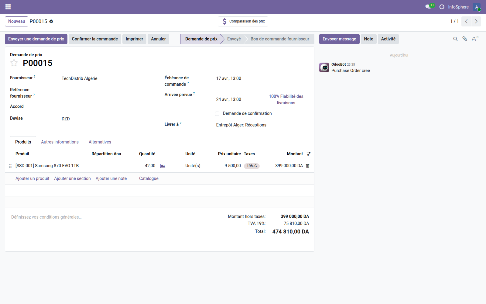 Purchase Order P00015 Odoo 19 — 42 Samsung SSD 1TB à 9 500 DZD auprès de TechDistrib Algérie