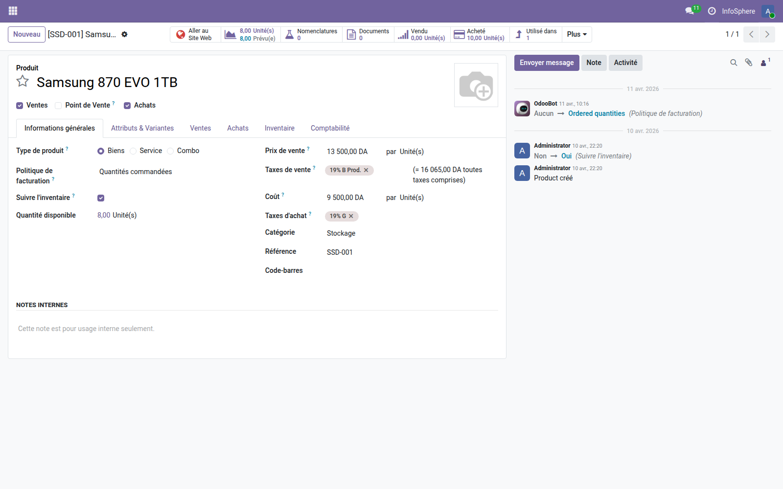 Onglet Achats fiche produit Samsung SSD Odoo 19 — vendor pricelist TechDistrib prix 9 500, lead time 7 jours