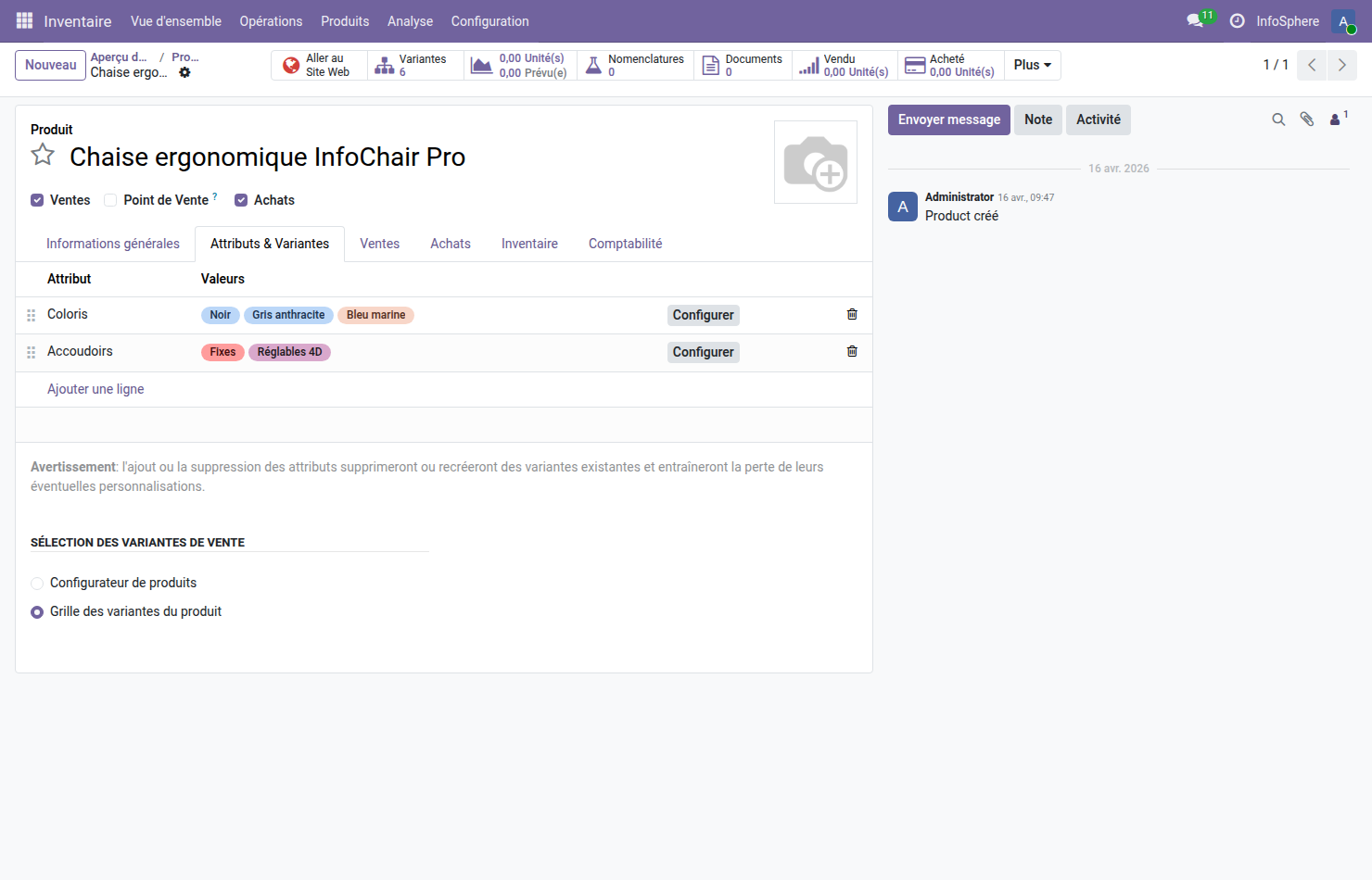Fiche produit Chaise InfoChair Pro Odoo 19 — onglet Attributs et Variantes avec radio 'Grille des variantes du produit' sélectionné sous la section Sélection des variantes de vente