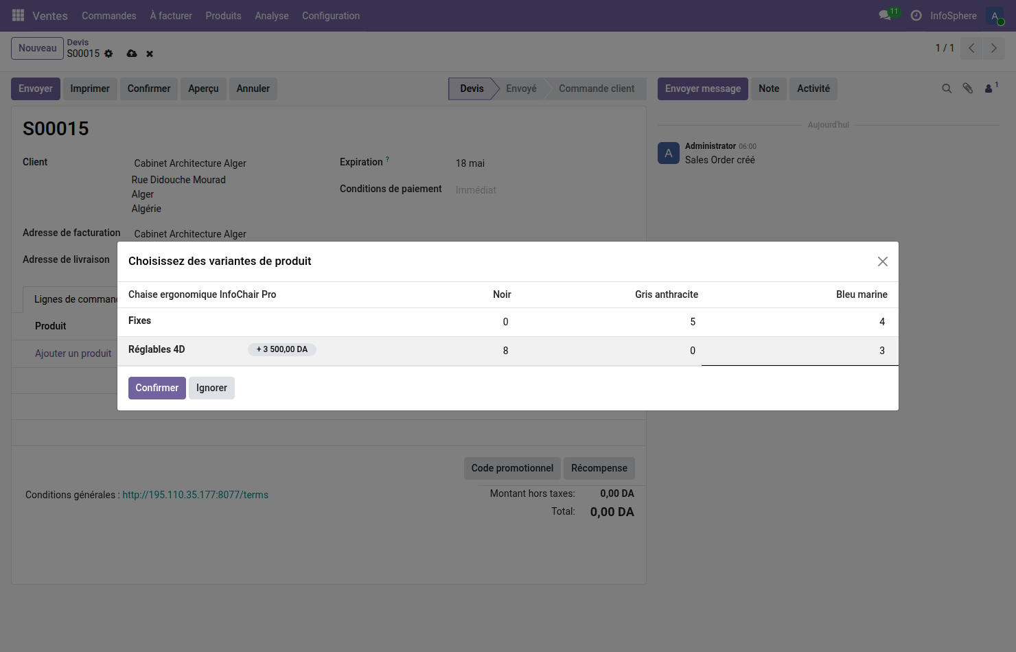 Modal grille Odoo 19 remplie — Fixes Gris anthracite 5 et Bleu marine 4, Réglables 4D Noir 8 et Bleu marine 3, total visuel 20 chaises