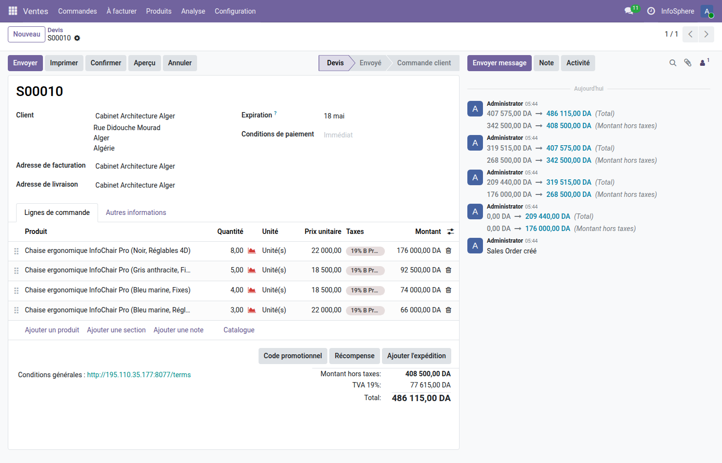 Devis S00010 Odoo 19 Cabinet Architecture Alger — 4 lignes de commande générées par la matrice, Chaise InfoChair Pro Noir Réglables 4D 8 unités 22 000 DA, Gris anthracite Fixes 5 unités 18 500 DA, Bleu marine Fixes 4 unités 18 500 DA, Bleu marine Réglables 4D 3 unités 22 000 DA, total 486 115 DA TTC