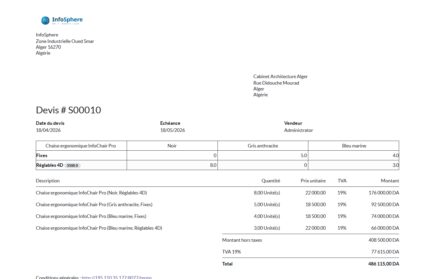 Rapport PDF devis S00010 Odoo 19 InfoSphere Cabinet Architecture Alger — grille Chaise InfoChair Pro rendue en tableau avec lignes Fixes et Réglables 4D, colonnes Noir Gris anthracite Bleu marine, quantités imprimées et lignes détaillées en dessous totalisant 486 115 DA