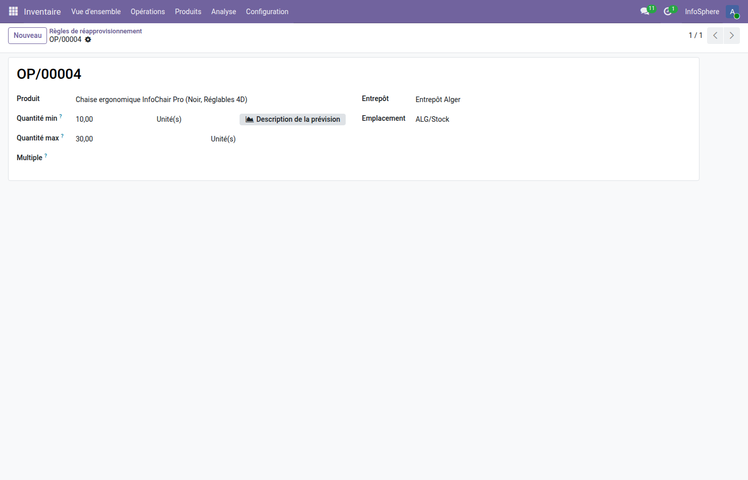 Formulaire orderpoint OP/00004 Odoo 19 — produit Chaise ergonomique InfoChair Pro Noir Réglables 4D, quantité min 10 unités, quantité max 30 unités, entrepôt Entrepôt Alger, emplacement ALG/Stock
