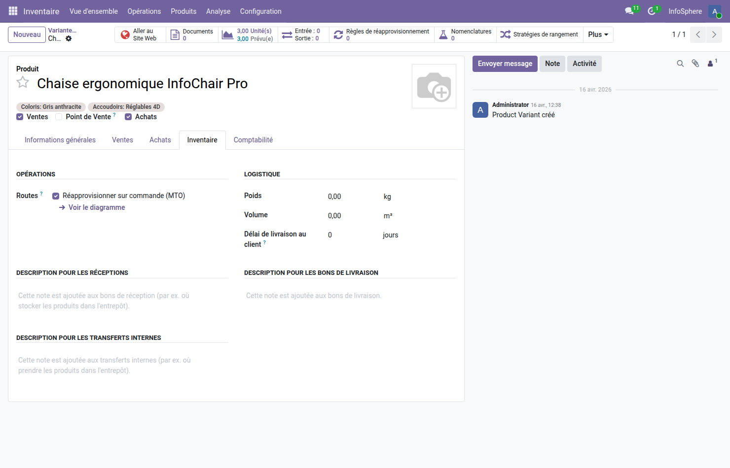 Fiche produit variante Chaise InfoChair Pro Gris anthracite Réglables 4D Odoo 19 — onglet Inventaire avec section Opérations affichant la route Réapprovisionner sur commande MTO cochée, stock disponible 3 unités, aucune règle de réapprovisionnement définie
