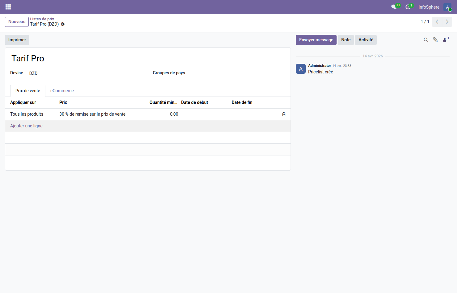 Formulaire Tarif Pro Odoo 19 DZD — règle -30% global remise B2B Pro appliquée sur tous les produits
