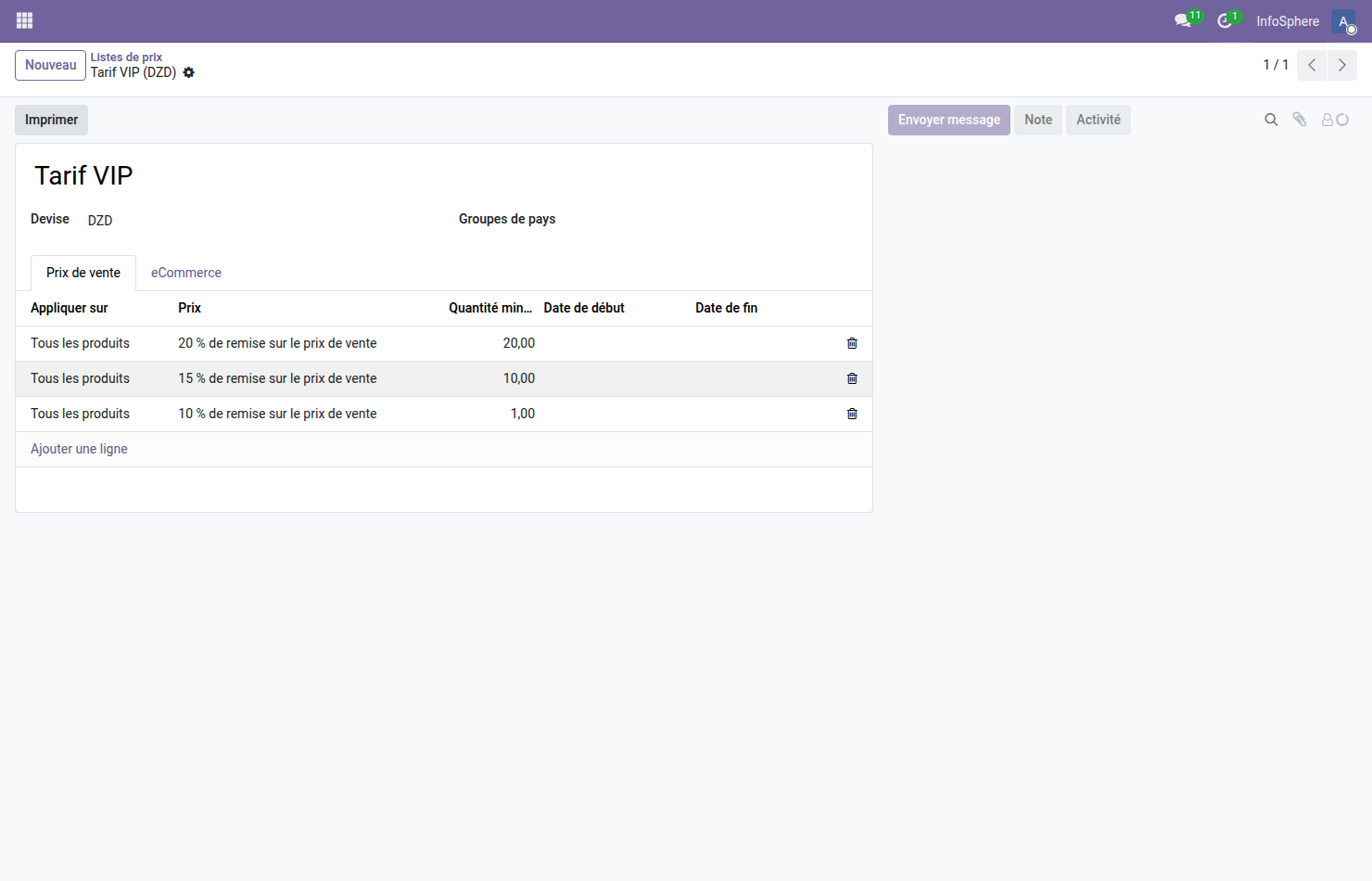 Formulaire Tarif VIP Odoo 19 DZD — 3 règles dynamiques appliquées sur tous les produits avec quantité minimale 1 10 et 20 unités pour des remises 10 15 et 20 pourcent