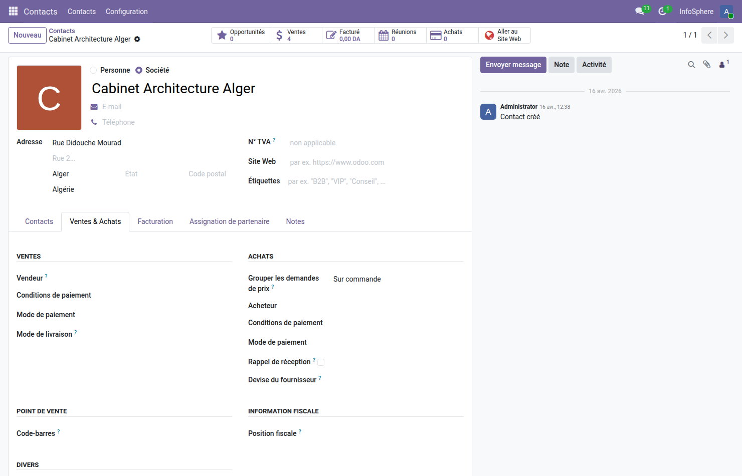 Fiche partenaire Cabinet Architecture Alger Odoo 19 — onglet Ventes et Achats avec champ Liste de prix définie sur Tarif Pro DZD