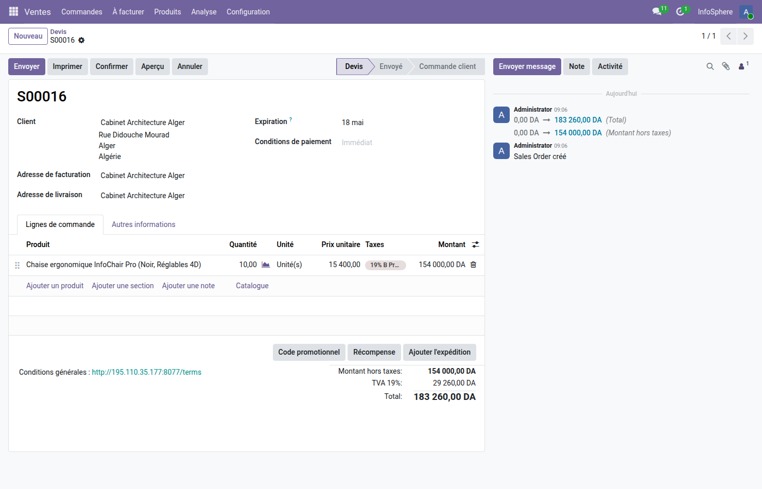 Devis S00016 Odoo 19 Cabinet Architecture Alger — ligne Chaise ergonomique InfoChair Pro Noir Réglables 4D 10 unités prix unitaire 15400 DA montant 154000 DA TVA 19 pourcent total 183260 DA