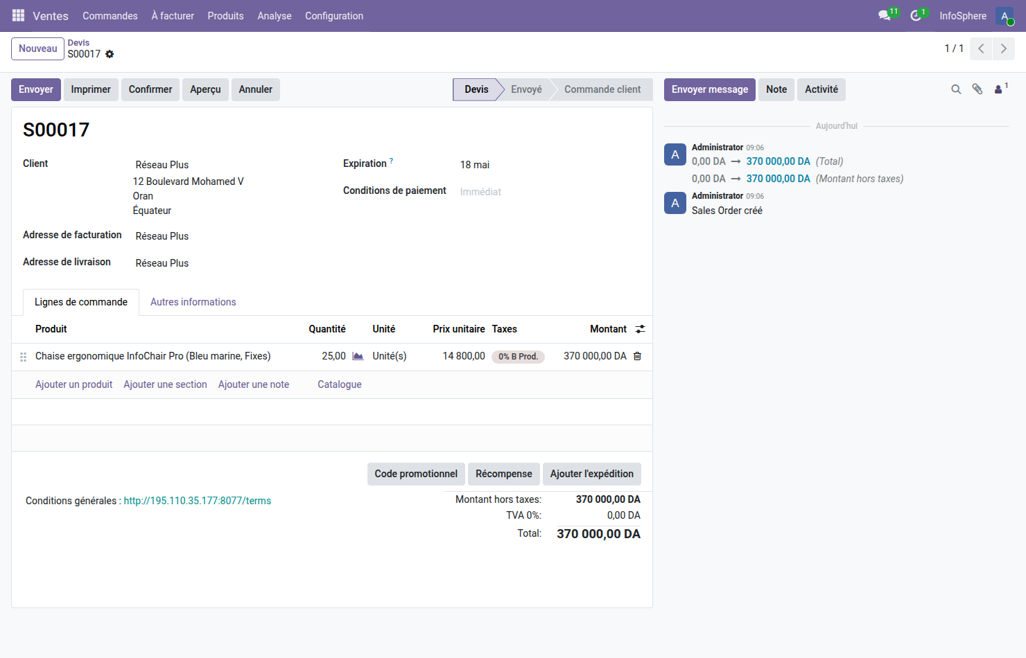 Devis S00017 Odoo 19 Réseau Plus — ligne Chaise ergonomique InfoChair Pro Bleu marine Fixes 25 unités prix unitaire 14800 DA Tarif VIP tier 20u remise -20 pourcent montant 370000 DA