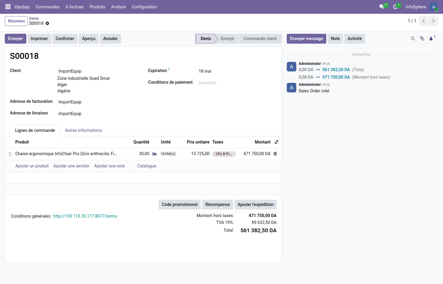 Devis S00018 Odoo 19 ImportEquip — ligne Chaise ergonomique InfoChair Pro Gris anthracite Fixes 30 unités prix unitaire 15725 DA Tarif Revendeur remise -15 pourcent montant 471750 DA TTC 561382 50 DA