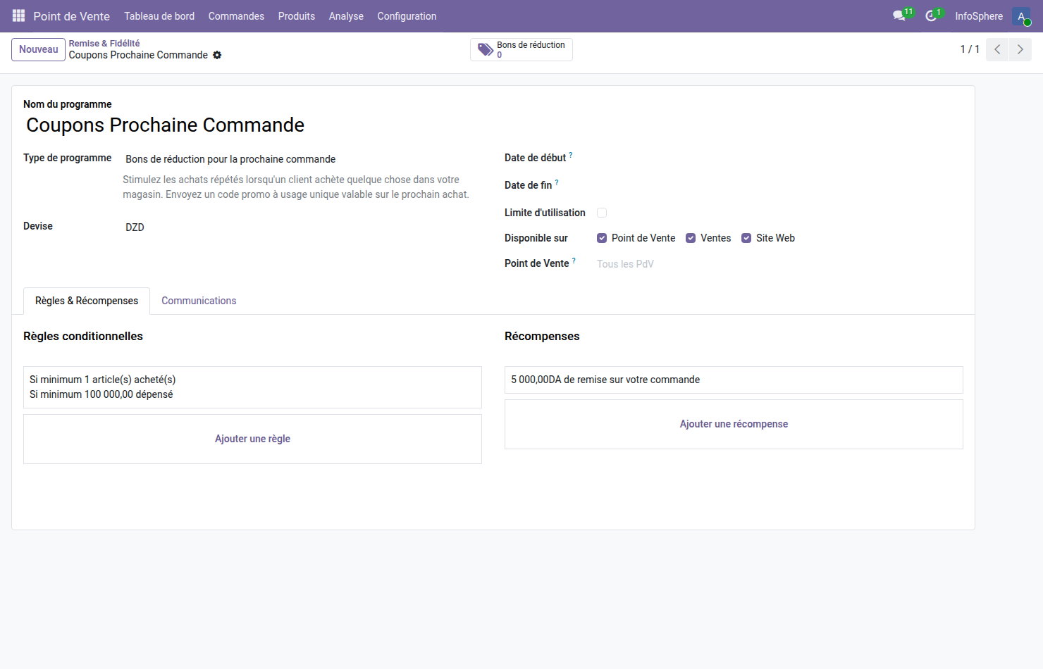 Programme Coupons Prochaine Commande Odoo 19 type Bons de réduction pour la prochaine commande disponibilité POS Ventes Site Web règle conditionnelle 1 article minimum acheté 100 000 DA minimum dépensé récompense 5 000 DA de remise sur votre commande