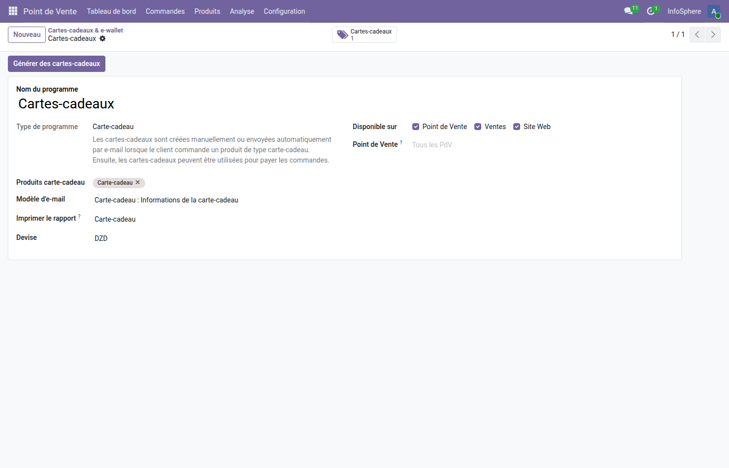 Programme Cartes-cadeaux Odoo 19 type Carte-cadeau disponibilité POS Ventes Site Web produit Carte-cadeau lié modèle e-mail Informations de la carte cadeau rapport imprimable devise DZD bouton Générer des cartes-cadeaux smart button 1 carte-cadeau émise