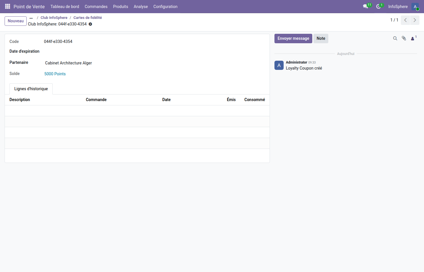 Loyalty card Cabinet Architecture Alger Odoo 19 programme Club InfoSphere 5000 points code unique générée automatiquement expiration non définie lien vers partenaire