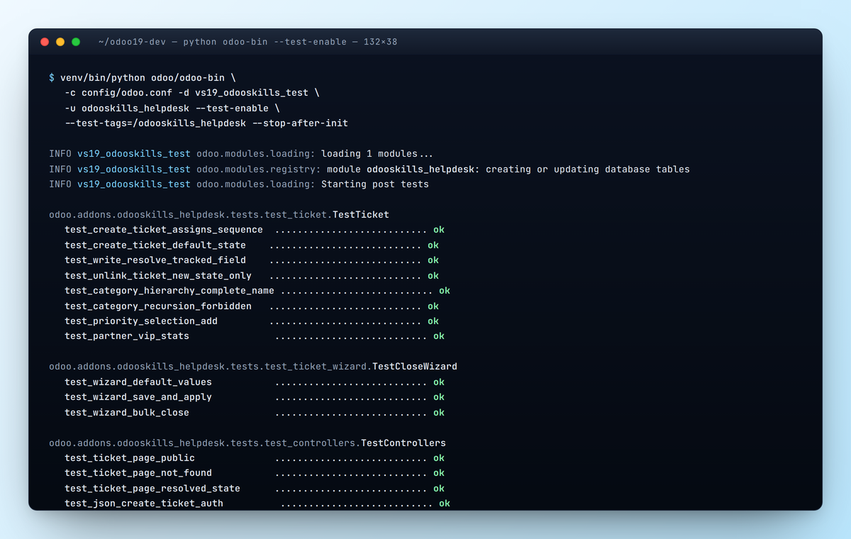 Sortie console Odoo 19 — 19 tests exécutés, aucun échec, 6.34 secondes